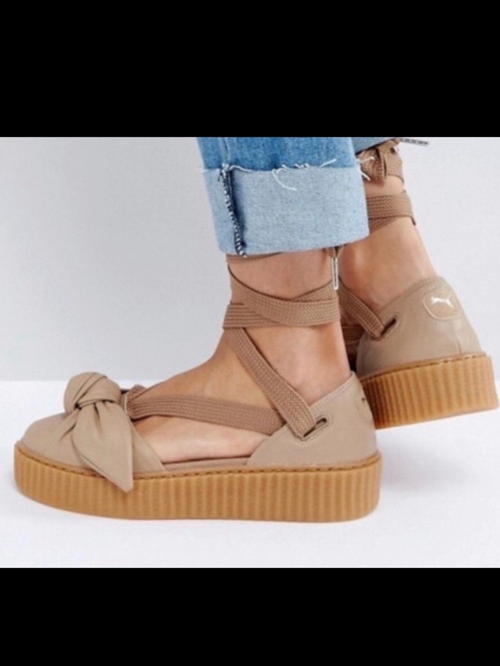 NWOB Fenty x Puma Tan Leather Platform Lace Up Sandals Size 5.5